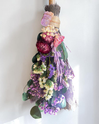 Besom Broom with Amethyst and Dried Flowers