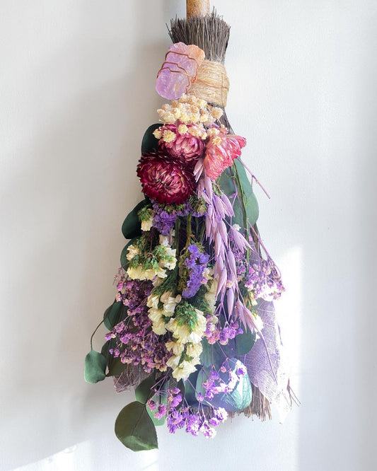 Besom Broom with Amethyst and Dried Flowers