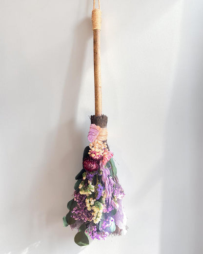 Besom Broom with Amethyst and Dried Flowers