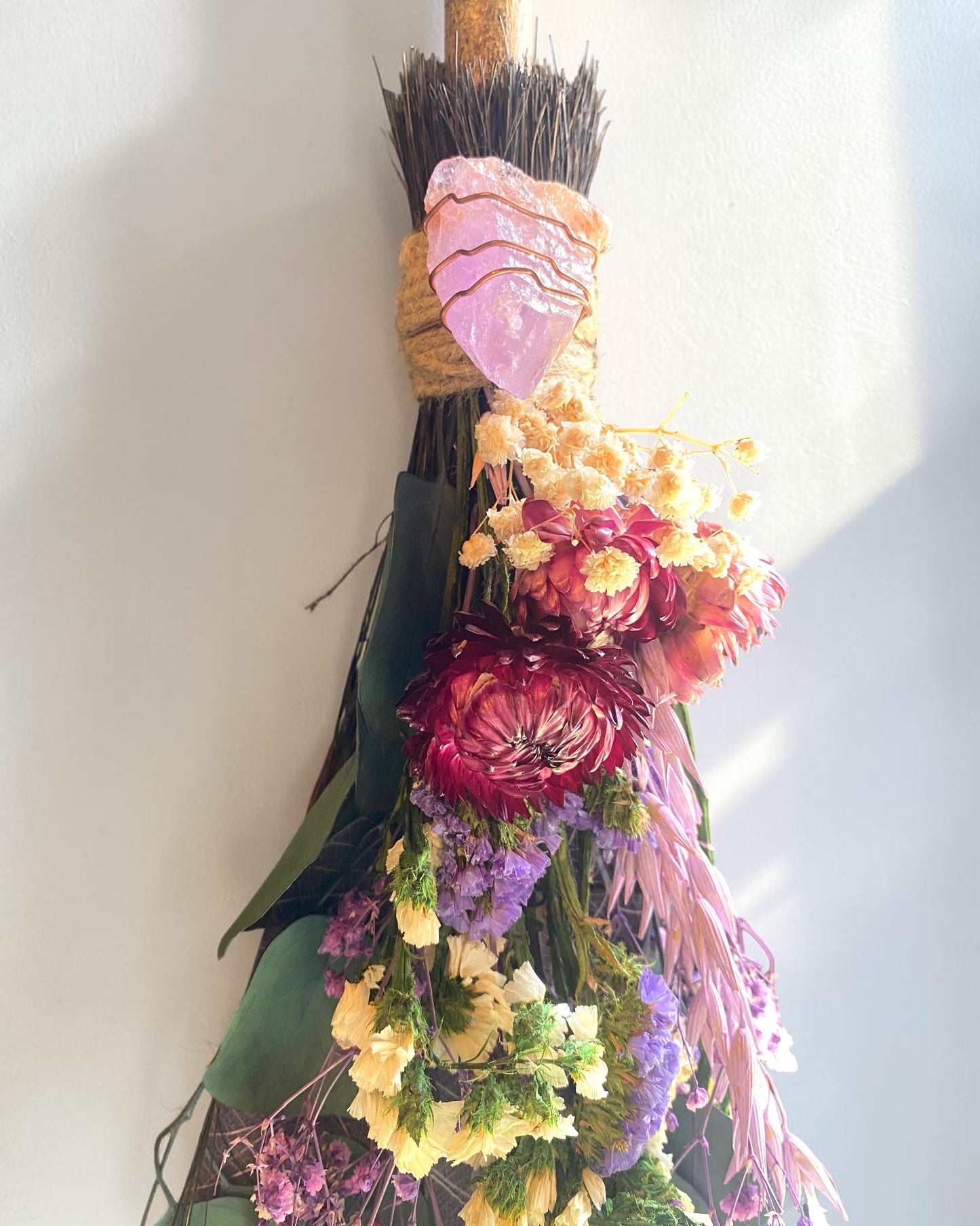 Besom Broom with Amethyst and Dried Flowers