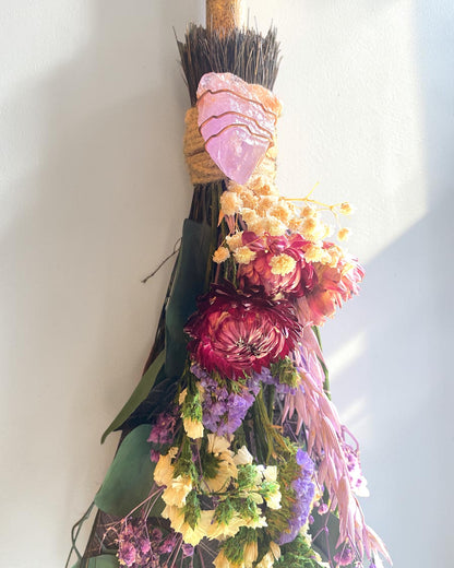 Besom Broom with Amethyst and Dried Flowers