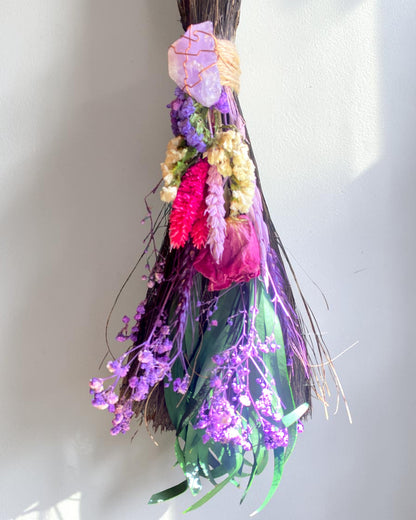 Besom Broom with Amethyst and Dried Flowers