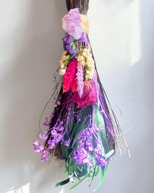 Besom Broom with Amethyst and Dried Flowers