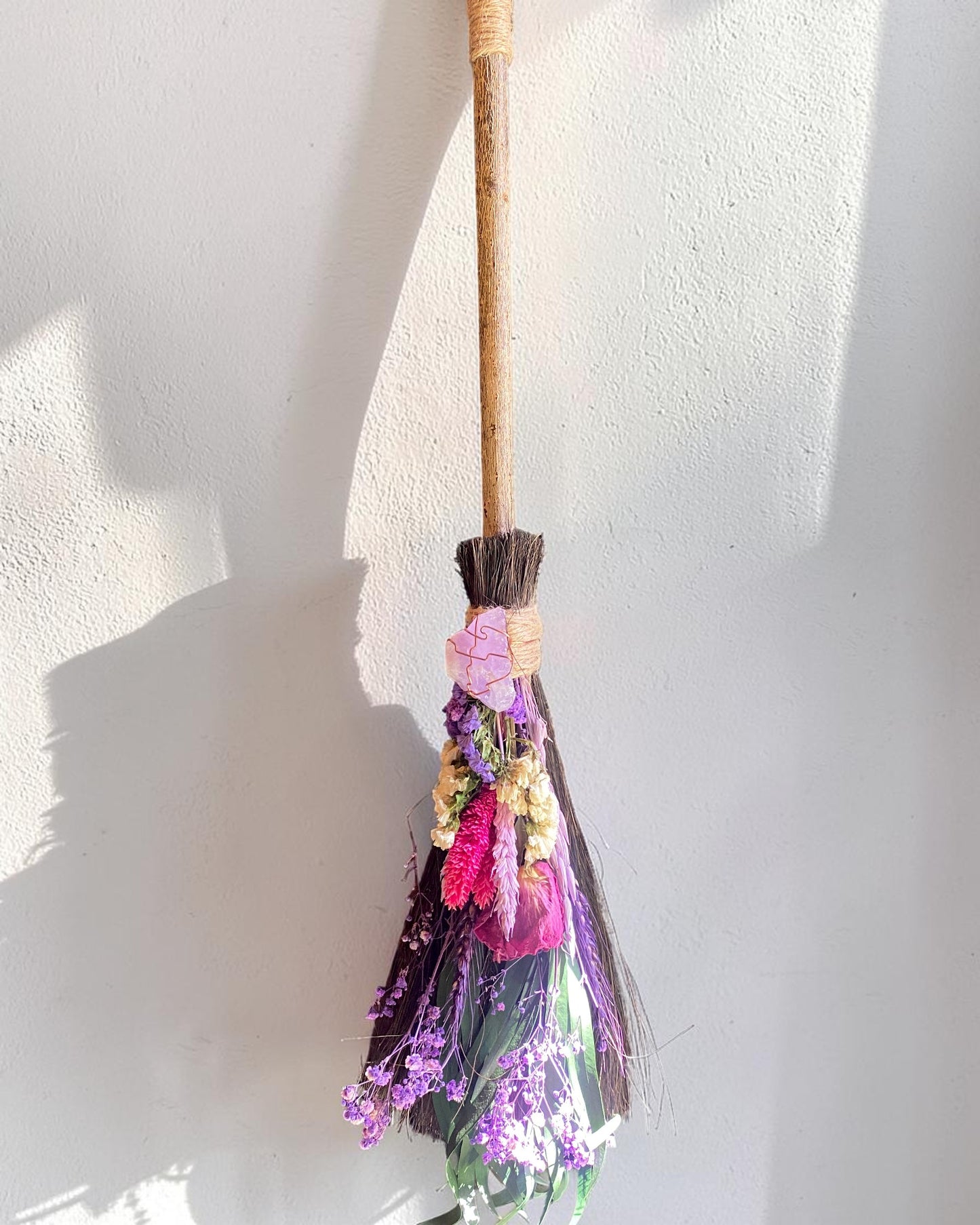 Besom Broom with Amethyst and Dried Flowers