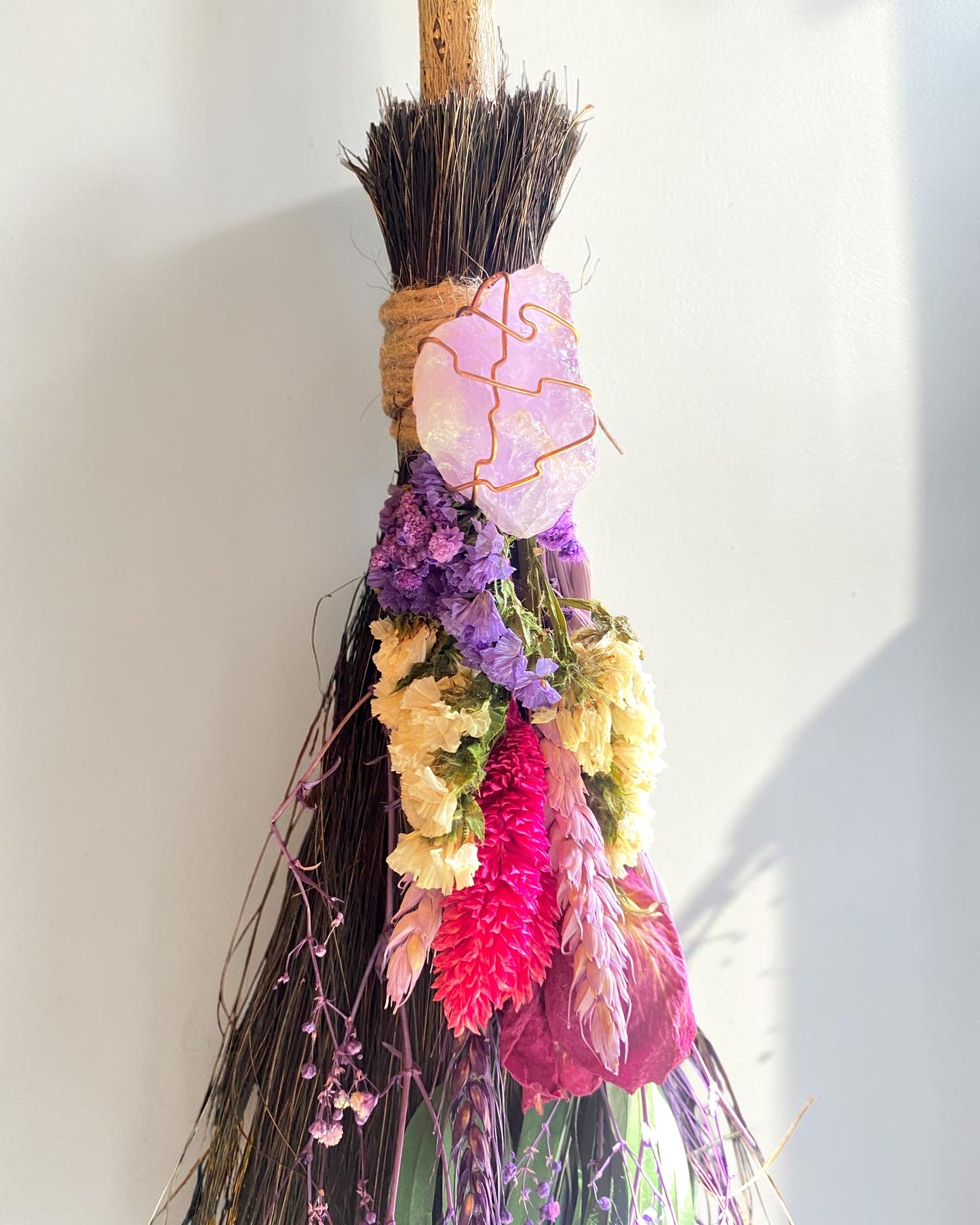 Besom Broom with Amethyst and Dried Flowers