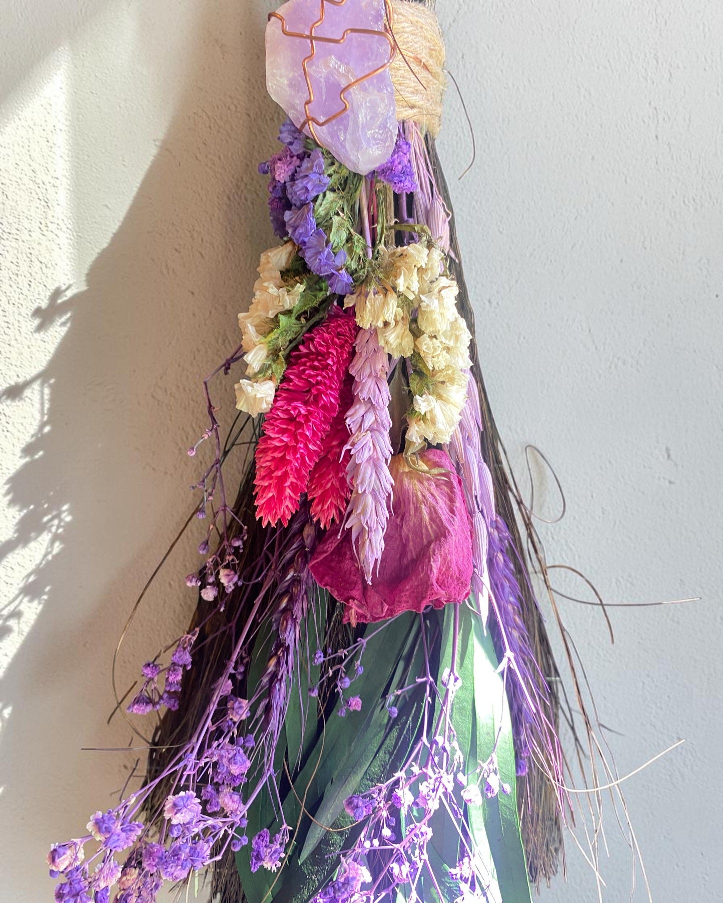 Besom Broom with Amethyst and Dried Flowers