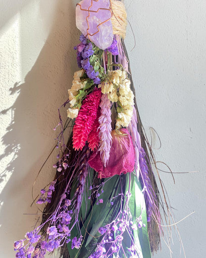 Besom Broom with Amethyst and Dried Flowers