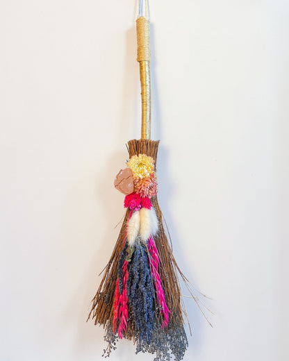 Besom Broom with Rose Quartz and Dried Flowers