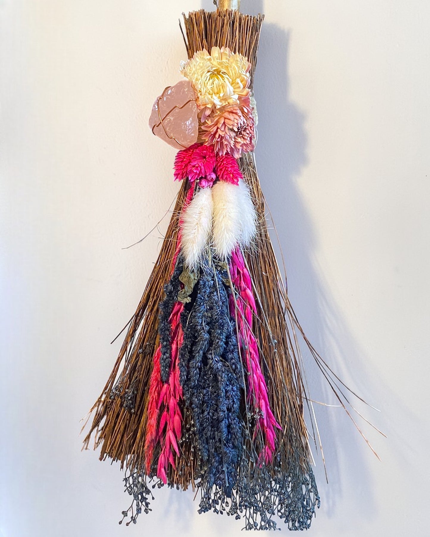 Besom Broom with Rose Quartz and Dried Flowers