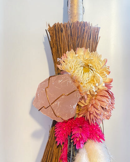 Besom Broom with Rose Quartz and Dried Flowers