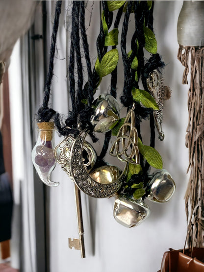 Black and Silver Witch Bells with Amethyst, Obsidian or Rose Quartz