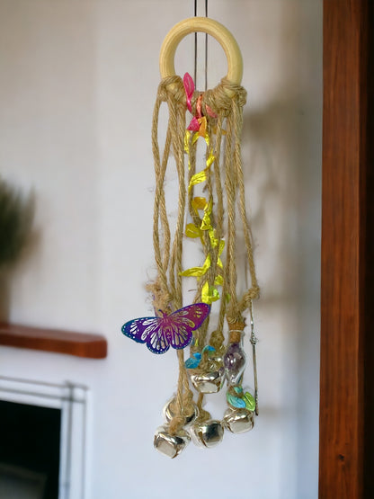 Rainbow and Silver Witch Bells with Amethyst, Obsidian or Rose Quartz