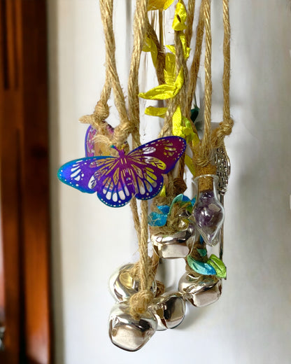 Rainbow and Silver Witch Bells with Amethyst, Obsidian or Rose Quartz