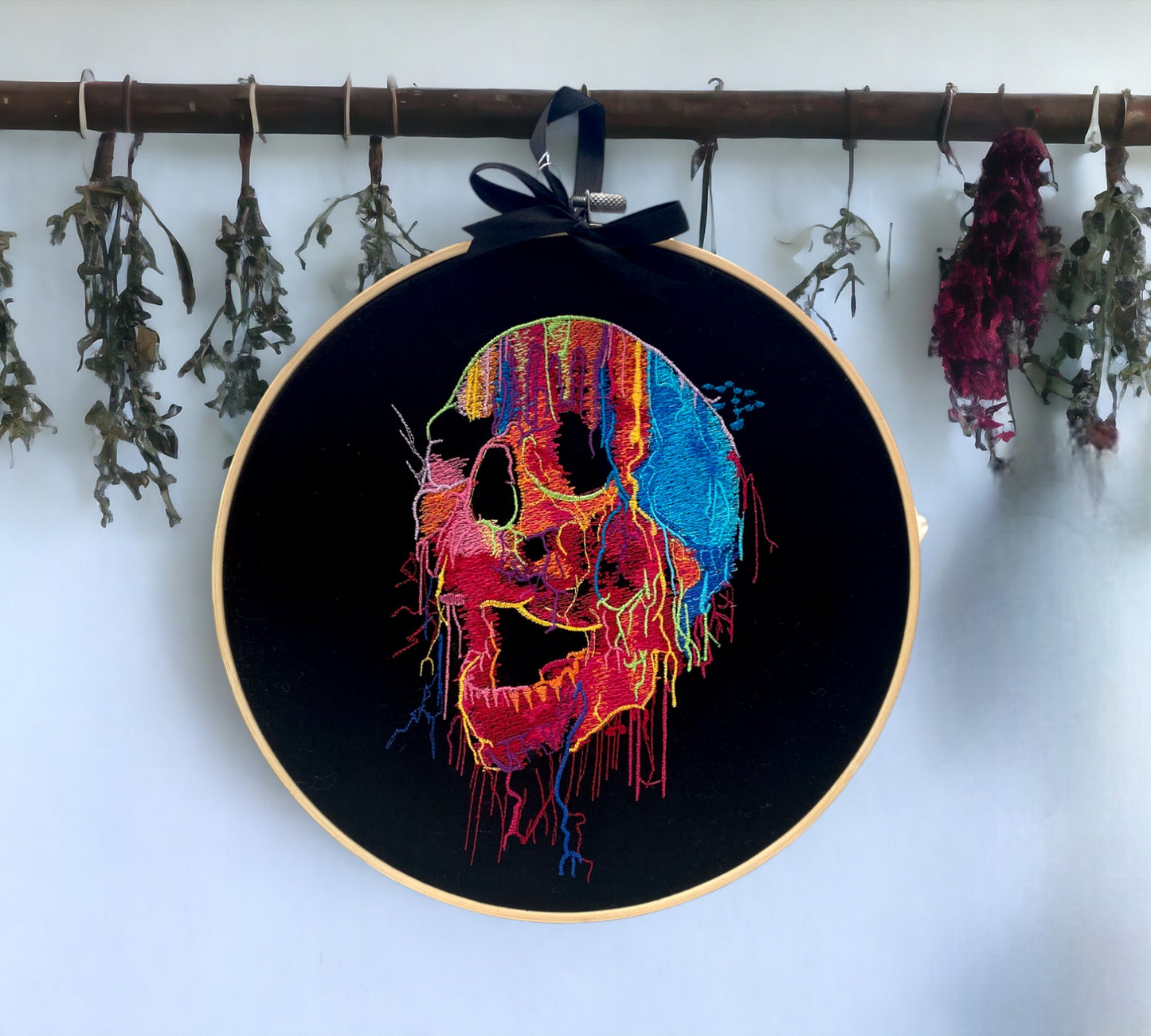 Neon Painted Skull Embroidered Wall Art