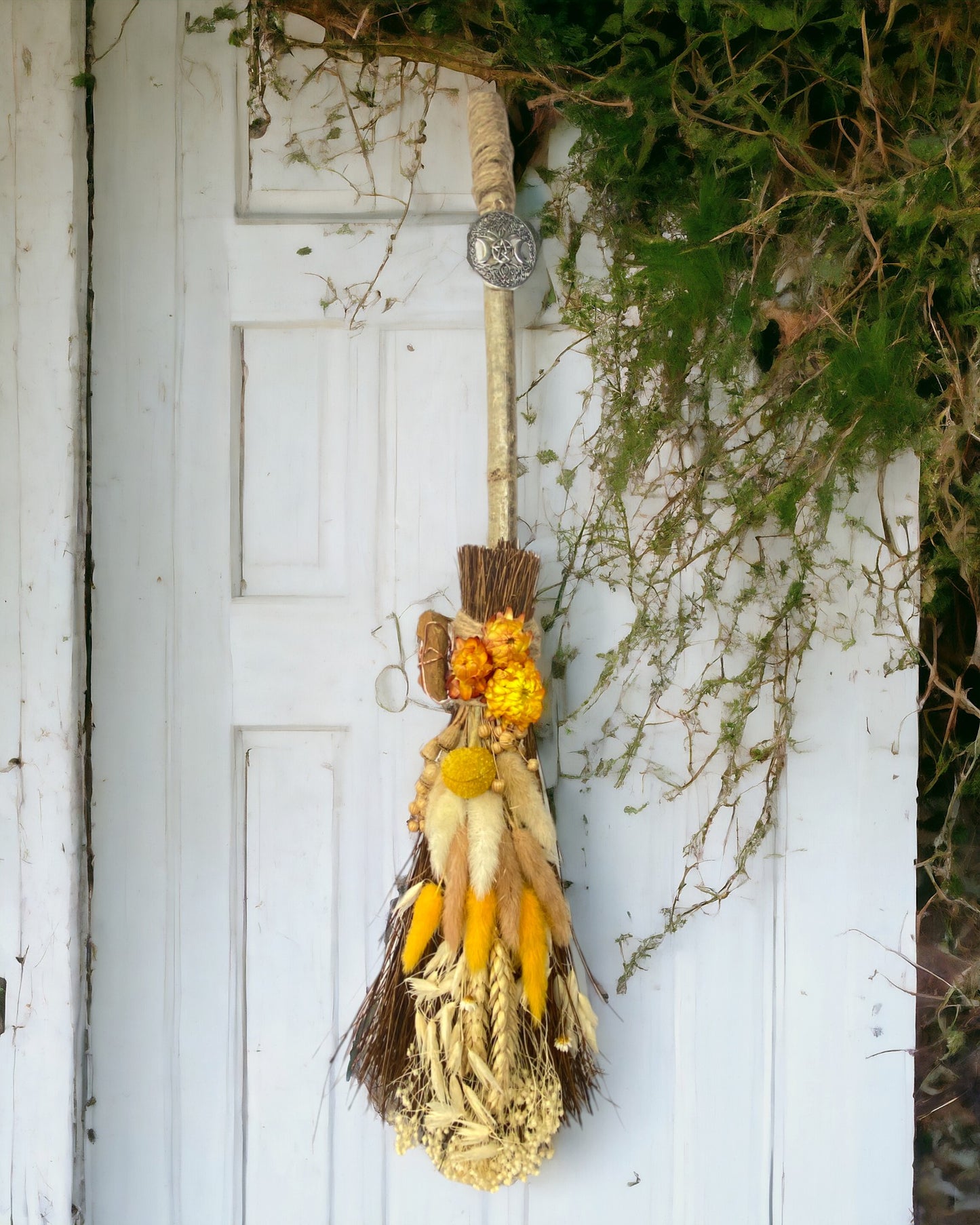 Besom Broom with Yellow Jasper and Dried Flowers