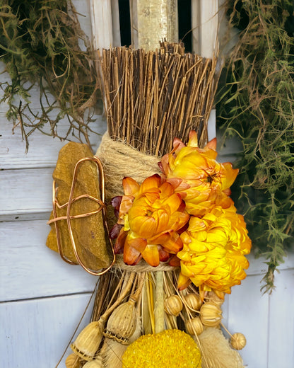 Besom Broom with Yellow Jasper and Dried Flowers