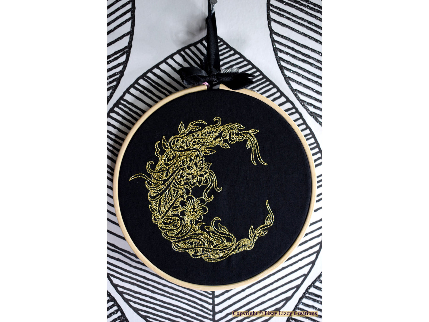 Floral Crescent Moon Embroidered Wall Art