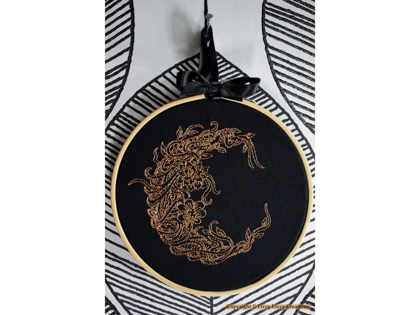 Floral Crescent Moon Embroidered Wall Art